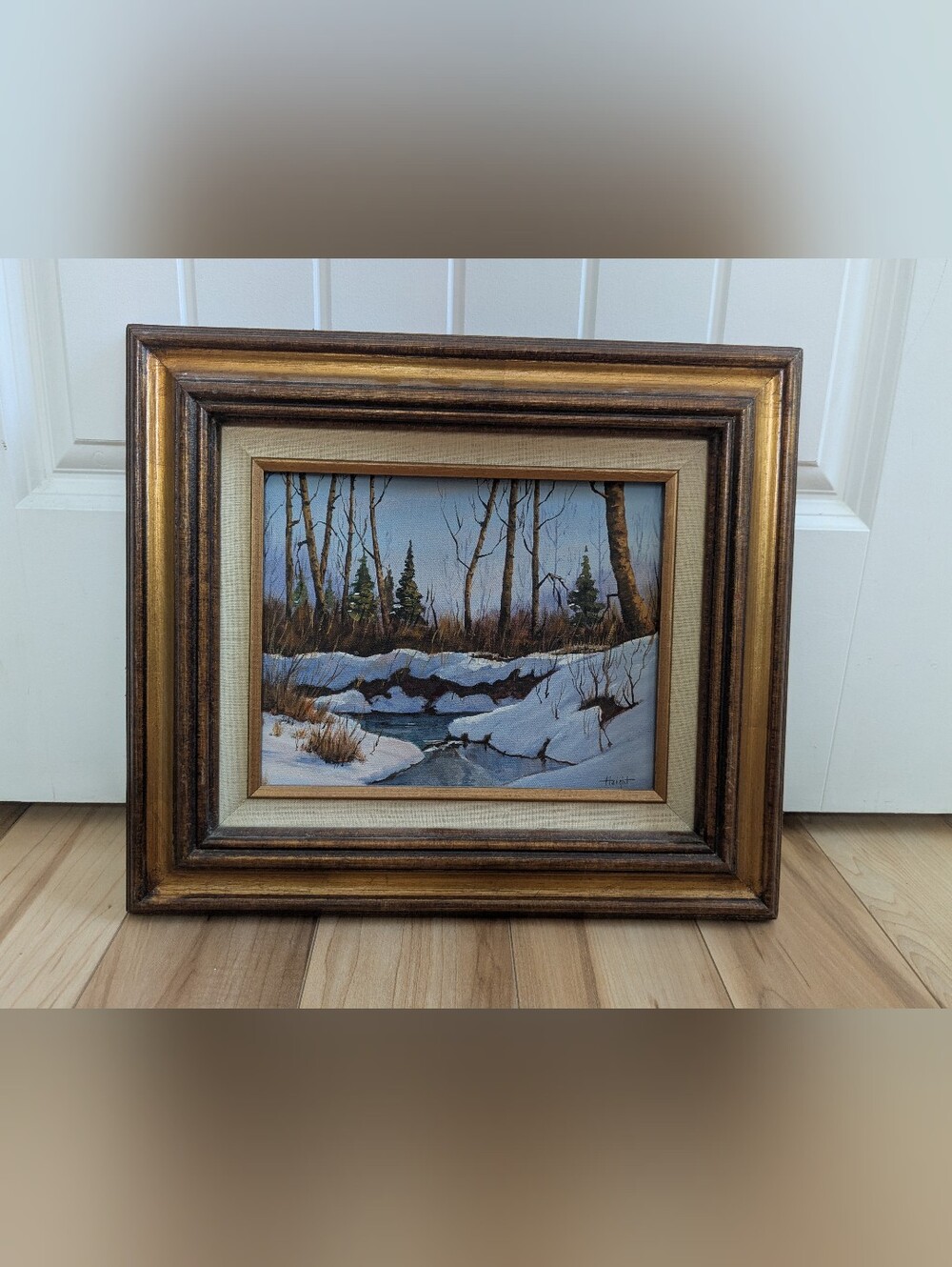 Original Oil Painting on Canvas Winter Forest and Brook on Canvas Signed Haight